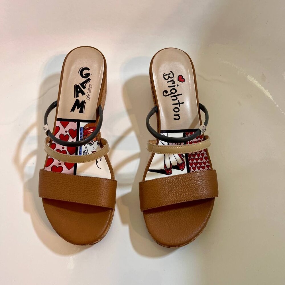 Brighton Harper Tan Beige Glam Cork Wedge Slip On Strappy Sandals Size 9.5 - Picture 4 of 14